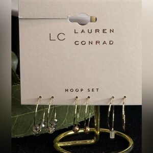 LC Lauren Conrad 3 pairs Gold Tone Mini Hoops Gold Bead and Crystal